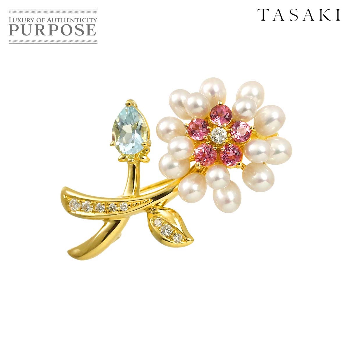 TASAKI マルチストーン ダイヤ 0.15ct ブローチ K18 YG イエローゴールド 750 花 田崎真珠 Brooch タサキ 90335450