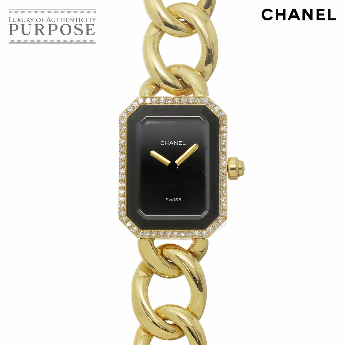 CHANEL プルミエール Lサイズ H0113 ダイヤベゼル レディース 腕時計 バックル ダイヤ ブラック K18YG イエローゴールド 金無垢 クォーツ ウォッチ Premiere シャネル 90329167