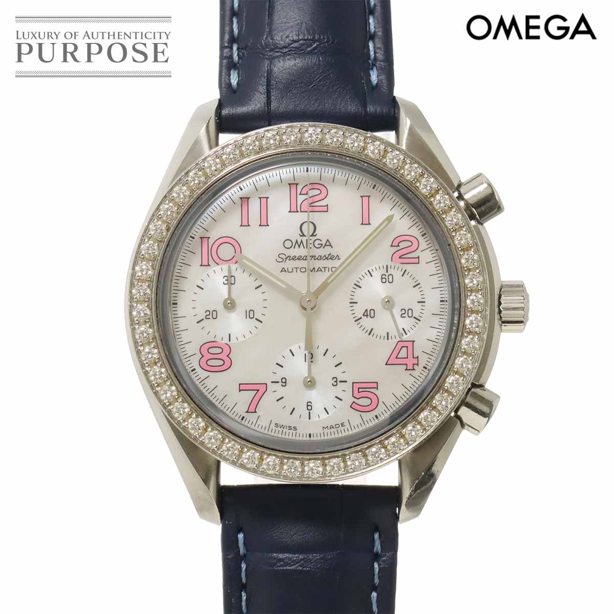 OMEGA スピードマスター 3835 74 34 クロノグラフ レディース 腕時計 ダイヤベゼル ホワイトシェル オートマ 自動巻き ウォッチ Speedmaster オメガ 90342942