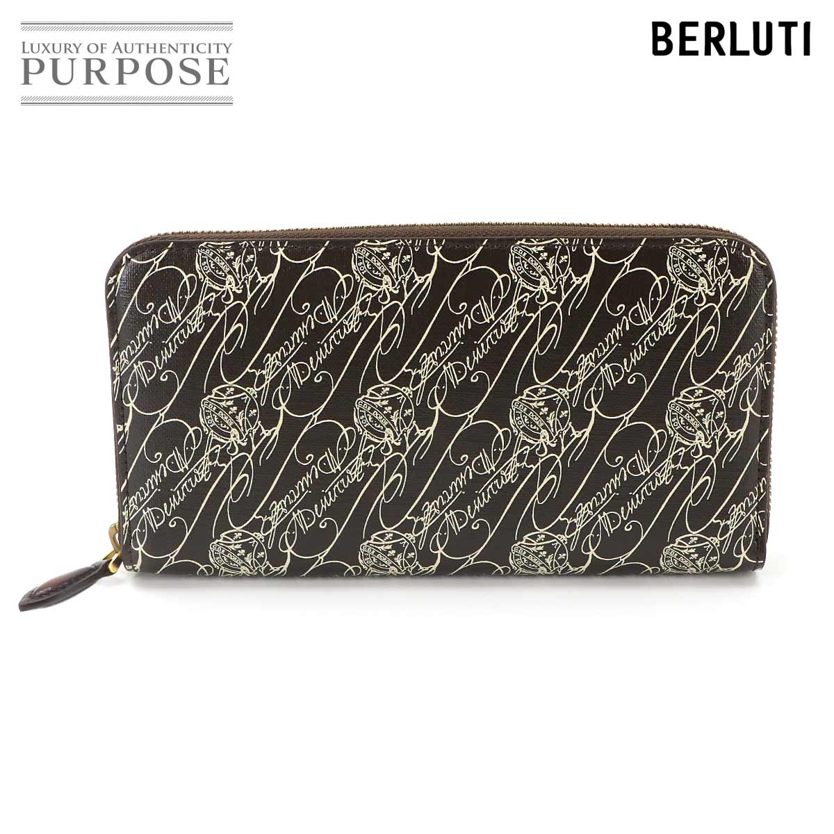 Berluti イタウバ ラウンドファスナー 長財布 トワルマルブフキャンバス レザー ダークブラウン ゴールド 金具 Long Wallet ベルルッティ 90340060