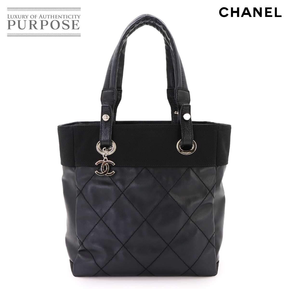 CHANEL パリビアリッツ PM トート バッグ PVC ナイロン レザー ブラック A34208 シルバー 金具 Paris Biarritz PM シャネル 90341070
