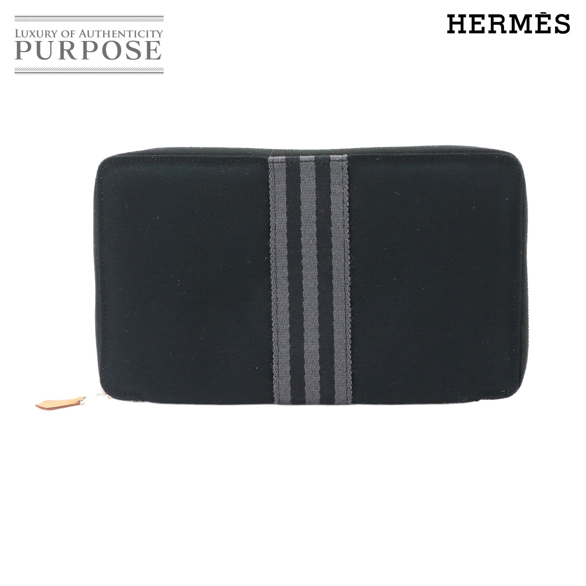 HERMES フールトゥ パース GM ラウンドファスナー 二つ折り 長財布 キャンバス ブラック グレー シルバー 金具 Purse GM エルメス 90341356