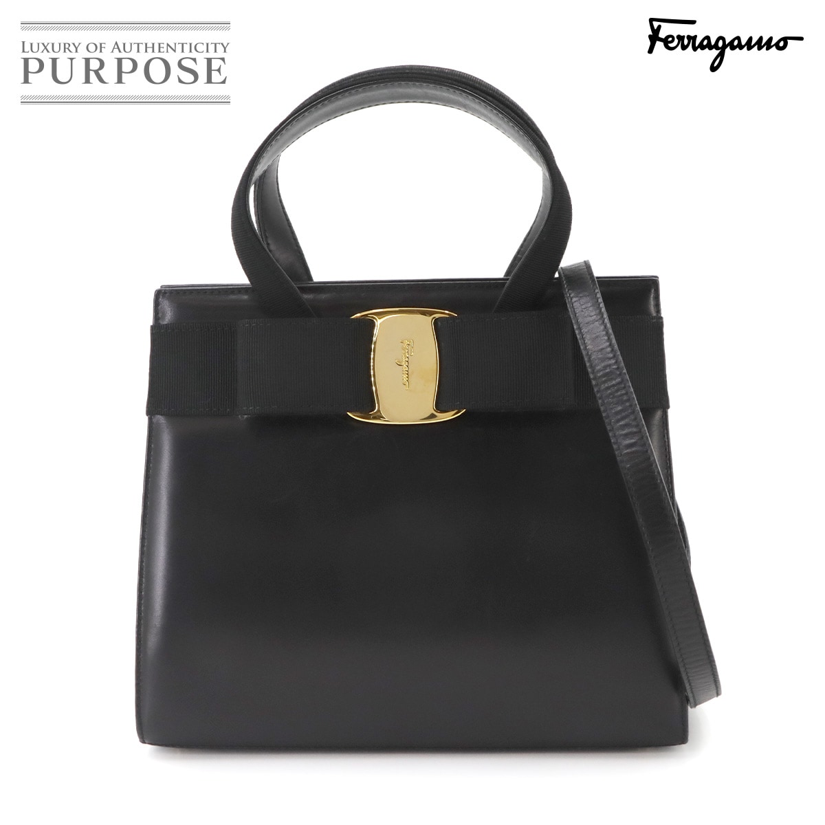 Salvatore Ferragamo ヴァラリボン 2way ハンド ショルダー バッグ レザー ブラック 214178 Vara Hand Shoulder Bag サルヴァトーレ フェラガモ 90341981