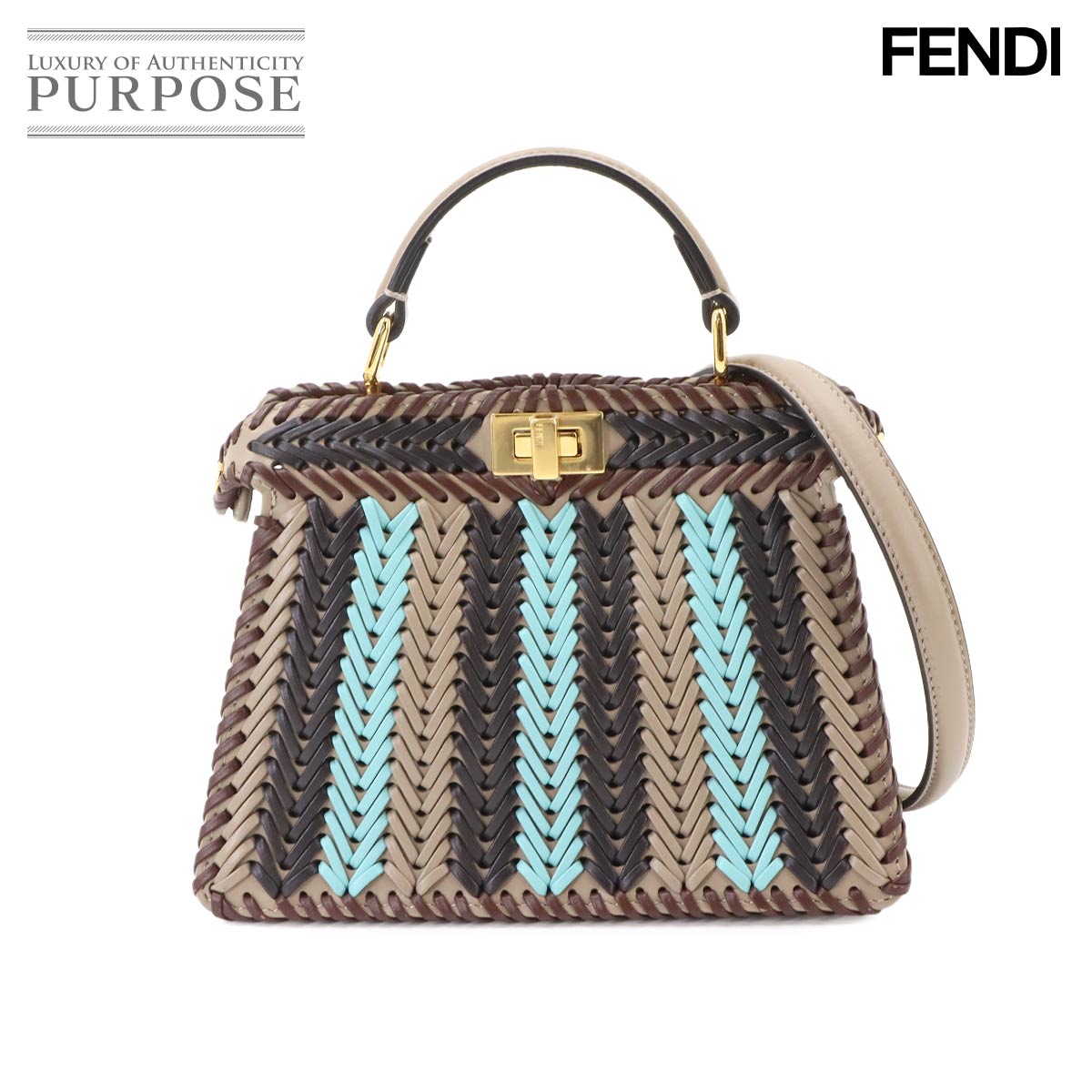 FENDI ピーカブー ISeeU プチ 2way ハンド ショルダー バッグ レザー ベージュ ブラウン ブルー 8BN335 Peekaboo ISeeU Petite フェンディ 90342012