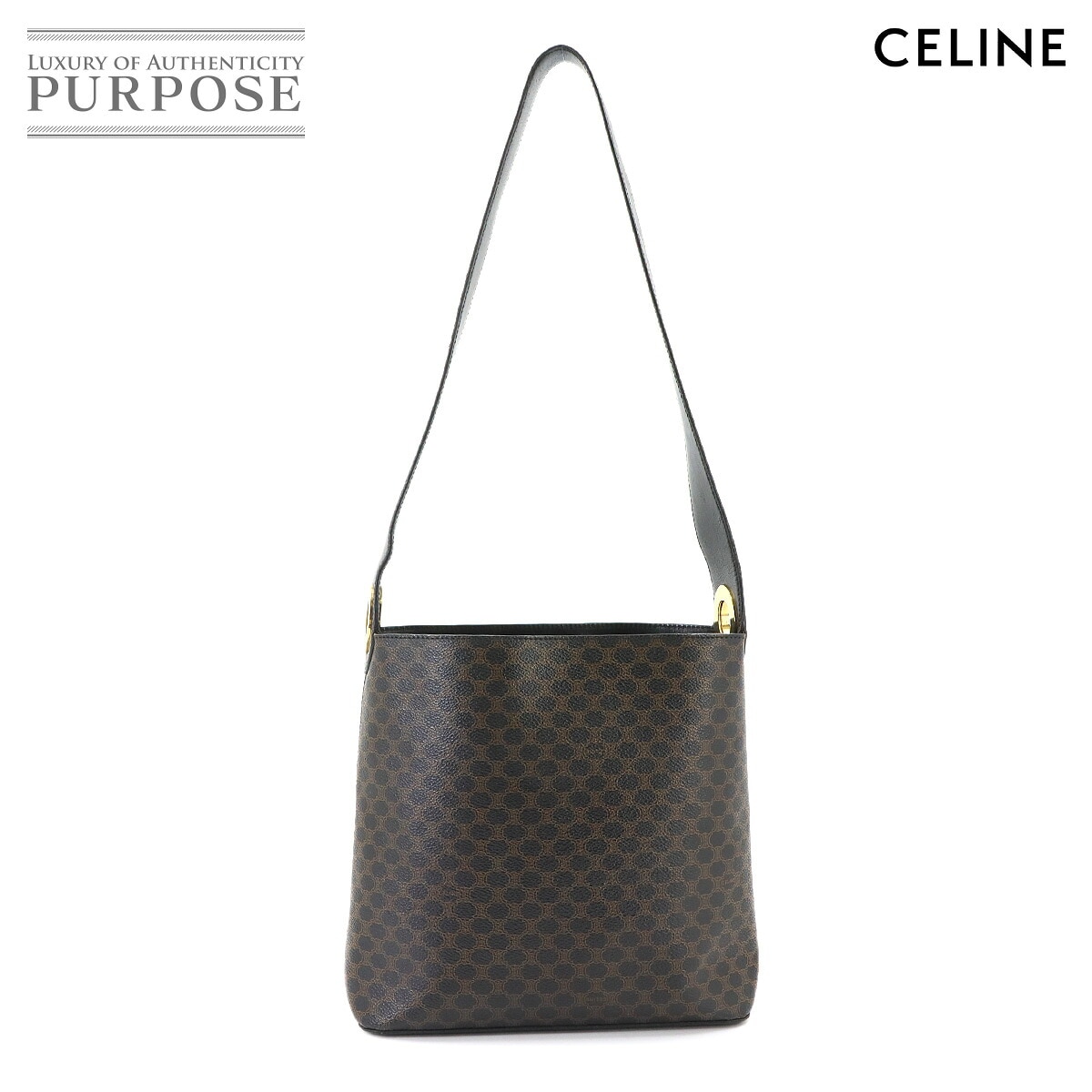 CELINE マカダム ワンショルダー バッグ PVC レザー ブラック ブラウン ゴールド 金具 ヴィンテージ Macadam Shoulder Bag セリーヌ 90342034