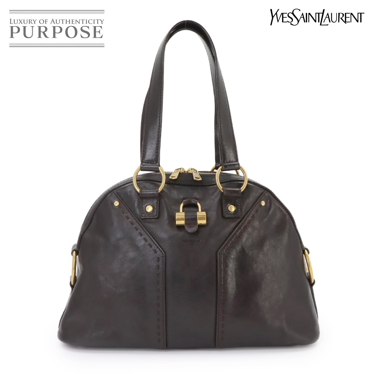 Yves Saint Laurent ミューズ ミディアム ハンド バッグ レザー ダークブラウン 156465 ゴールド 金具 Muse Bag 90342294