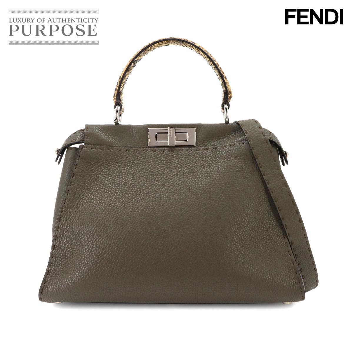 FENDI セレリア ピーカブー レギュラー 2way ハンド ショルダー バッグ レザー パイソン カーキ 8BN290 Selleria Peekaboo フェンディ 90342355