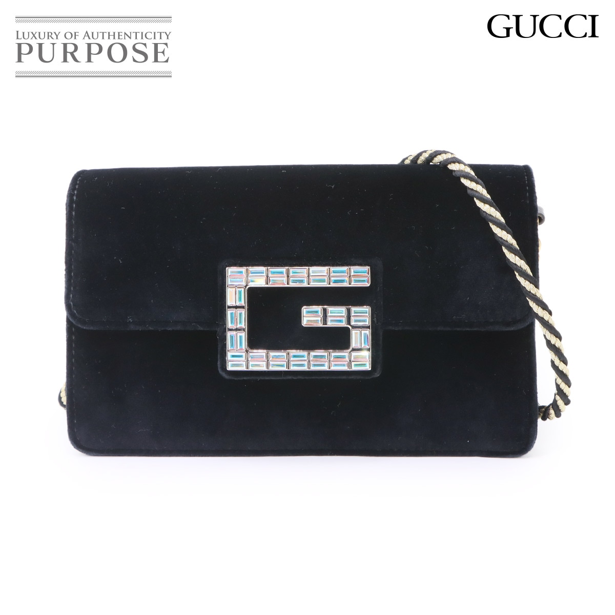 GUCCI スクエアG 2way クラッチ ショルダー バッグ ベルベット ブラック 544242 ゴールド 金具  Square Crystal G Bag グッチ 90342393
