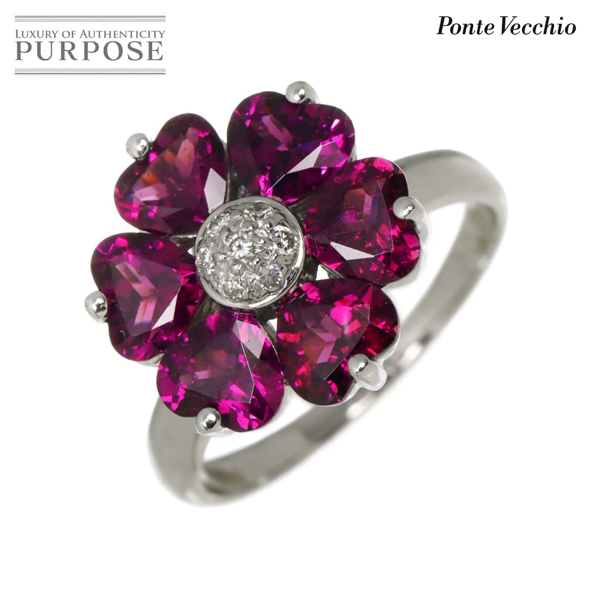 Ponte Vecchio 8号 リング ガーネット ダイヤ 0.06ct K18 WG ホワイトゴールド 750 花 指輪  Ring ポンテヴェキオ 90334319