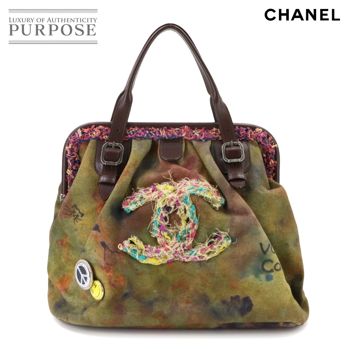 CHANEL エンブロイダリー グラフィティ ハンド バッグ キャンバス レザー カーキ ブラウン A92791 がま口 Embroidery Graffiti Bag シャネル 90343447