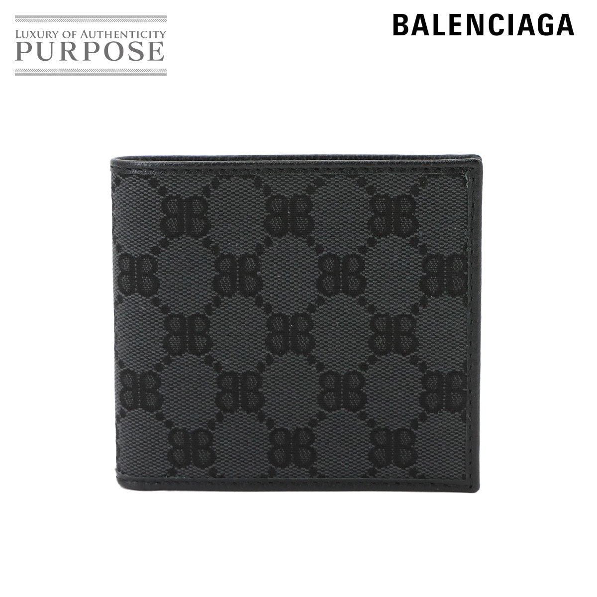BALENCIAGA グッチ ハッカー プロジェクト 二つ折り 財布 キャンバス レザー ブラック 680430 Compact Wallet バレンシアガ 90338568