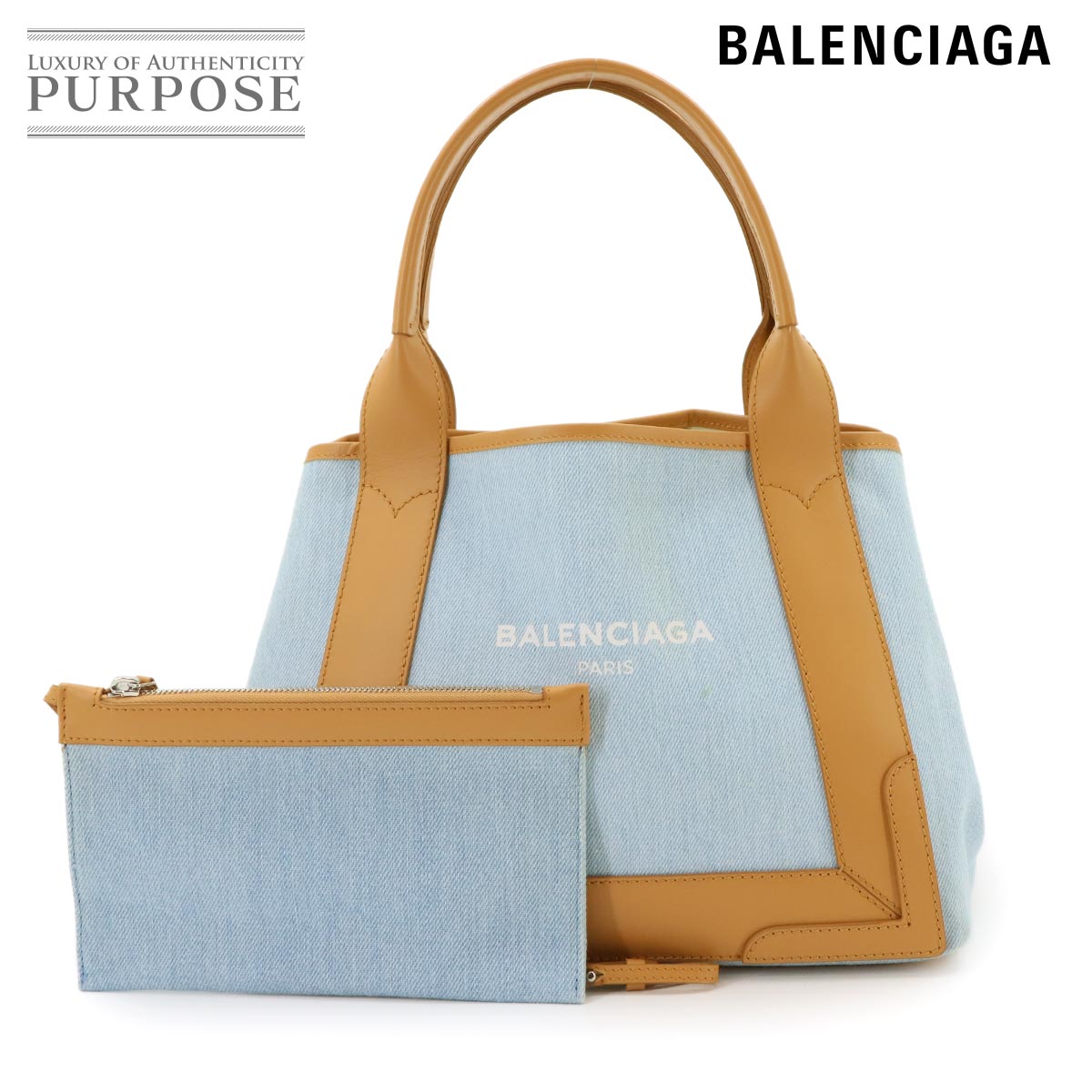 BALENCIAGA ネイビー カバ スモール トート バッグ デニム レザー ブルー ブラウン 339933 Navy Small Cabas バレンシアガ 90343124