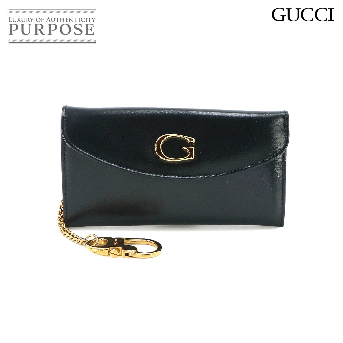 GUCCI チェーン コインケース 小銭入れ レザー ネイビー ゴールド 金具 オールドグッチ ヴィンテージ Coin Purse グッチ 90341065