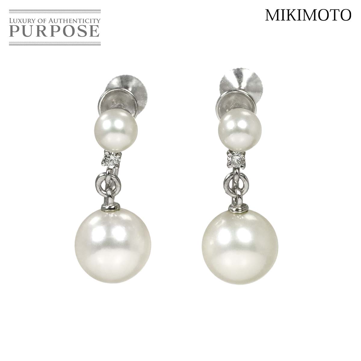 MIKIMOTO アコヤ真珠 7.4-4.1mm ダイヤ イヤリング K18 WG ホワイトゴールド 750 パール Akoya Pearl Earrings Clip-on ミキモト 90334582