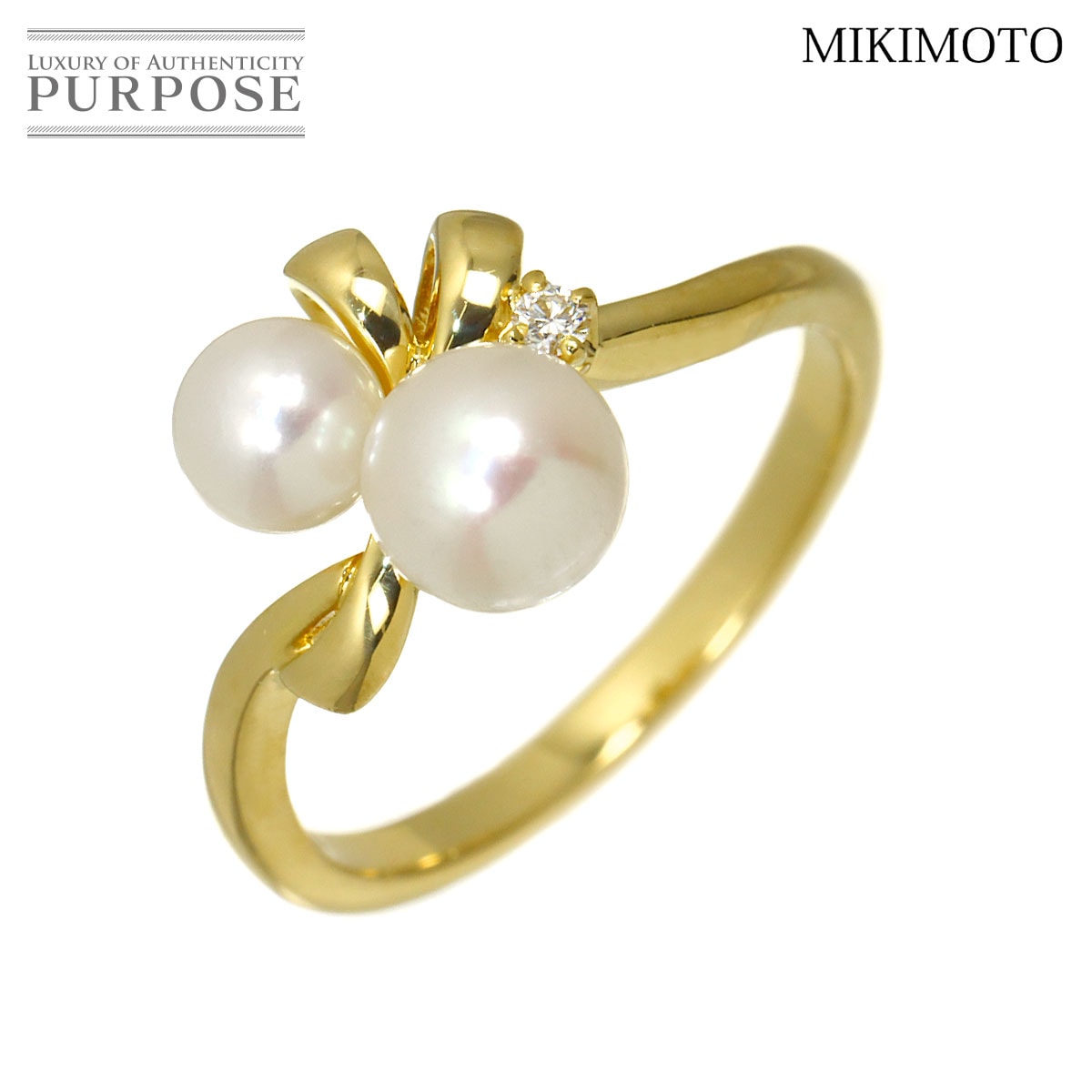 MIKIMOTO 9号 リング アコヤ真珠 5.6-4.6mm ダイヤ K18 YG イエローゴールド 750 パール 指輪 Akoya Pearl Ring ミキモト 90338794