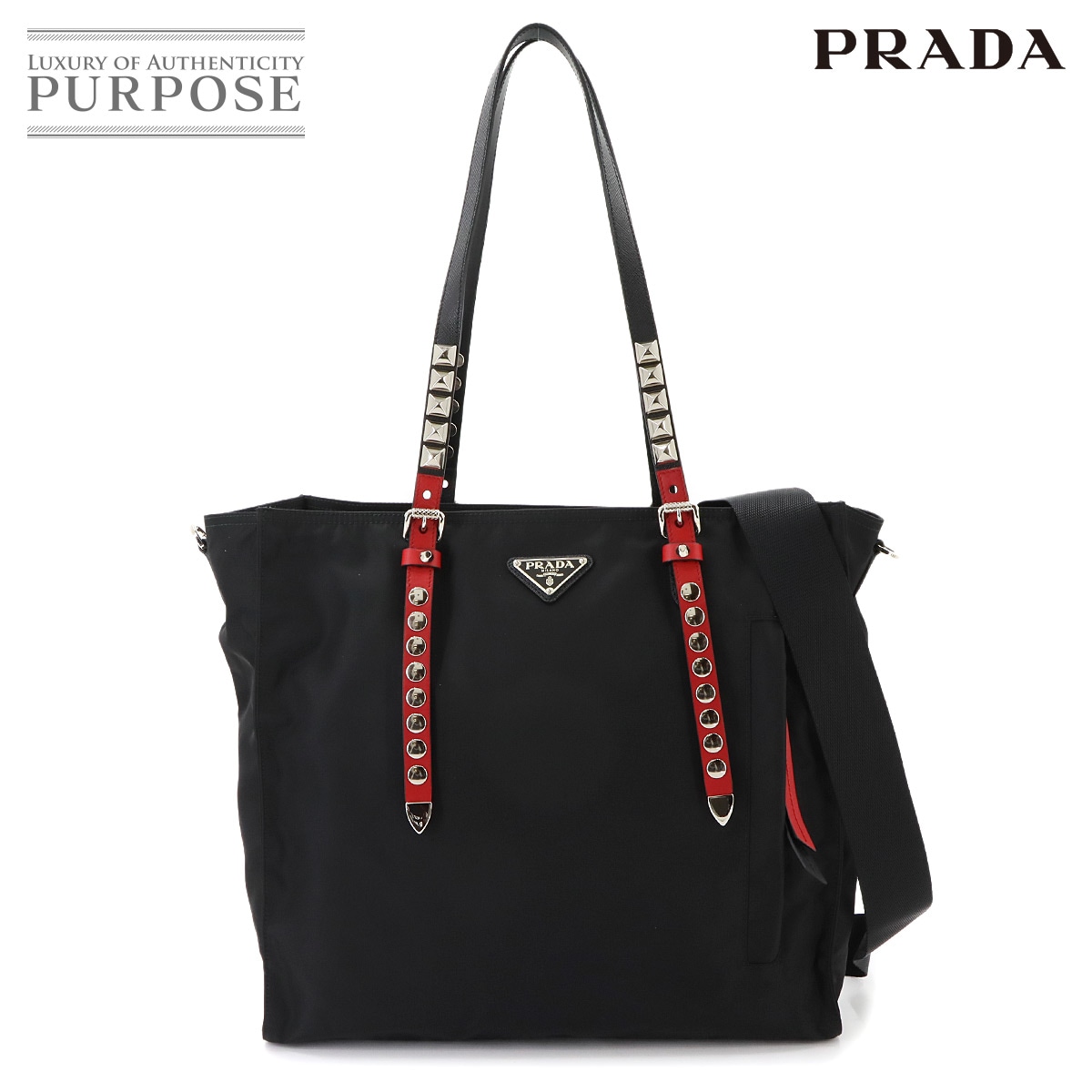 PRADA 2way トート ショルダー バッグ ナイロン レザー ブラック レッド 1BG260 シルバー 金具 Tote Shoulder Bag プラダ 90343449
