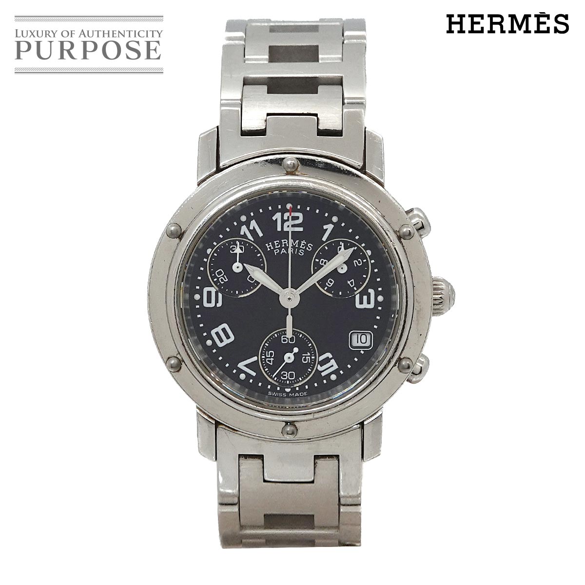 HERMES クリッパー クロノグラフ CL1 310 ヴィンテージ レディース 腕時計 デイト ブラック クォーツ ウォッチ Clipper エルメス 90345053