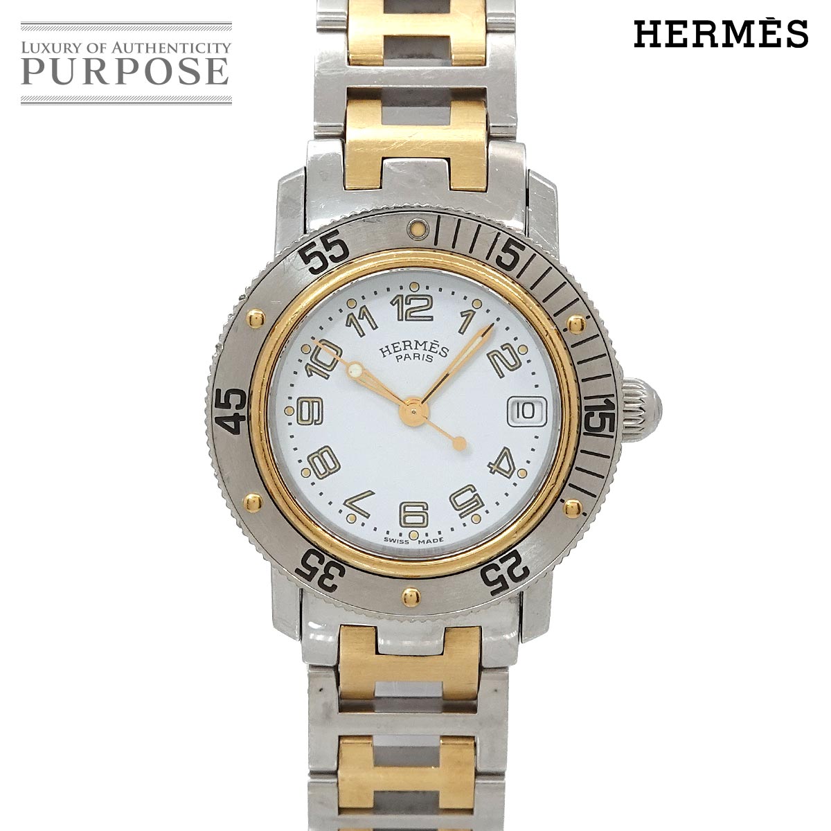 HERMES クリッパーダイバー コンビ CL5 220 レディース 腕時計 デイト ホワイト クォーツ ウォッチ エルメス 90345480