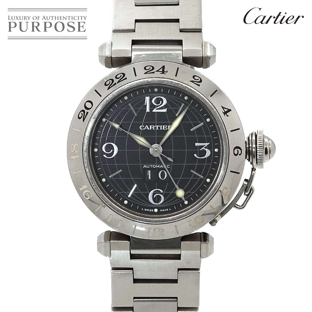 Cartier パシャC メリディアン GMT ビッグデイト W31049M7 ボーイズ 腕時計 ブラック オートマ 自動巻き ウォッチ Pasha C Meridian カルティエ 90345483