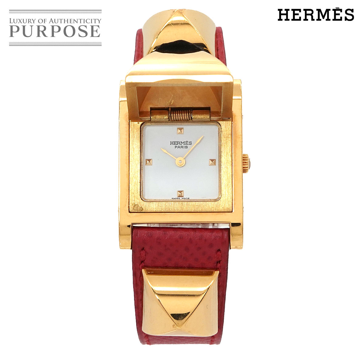 HERMES メドール ヴィンテージ レディース 腕時計 ピラミッド ゴールド スタッズ ホワイト レッド レザー クォーツ ウォッチ Medor エルメス 90346197