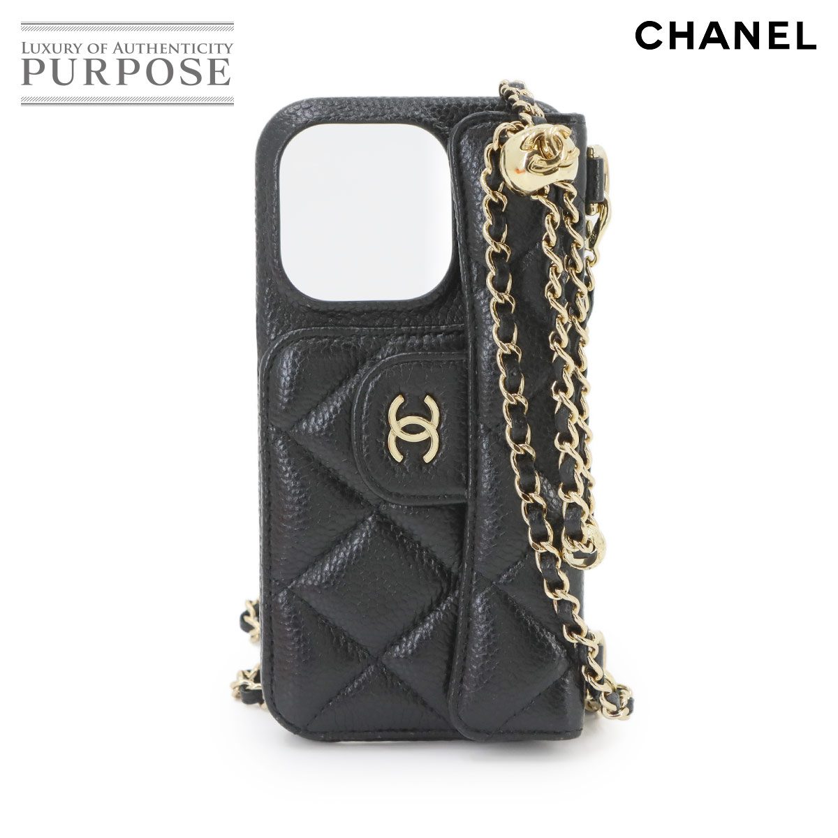 CHANEL マトラッセ iPhone 14 PRO スマホ ケース チェーン キャビアスキン ブラック ゴールド 金具 iPhone Case シャネル 90342681