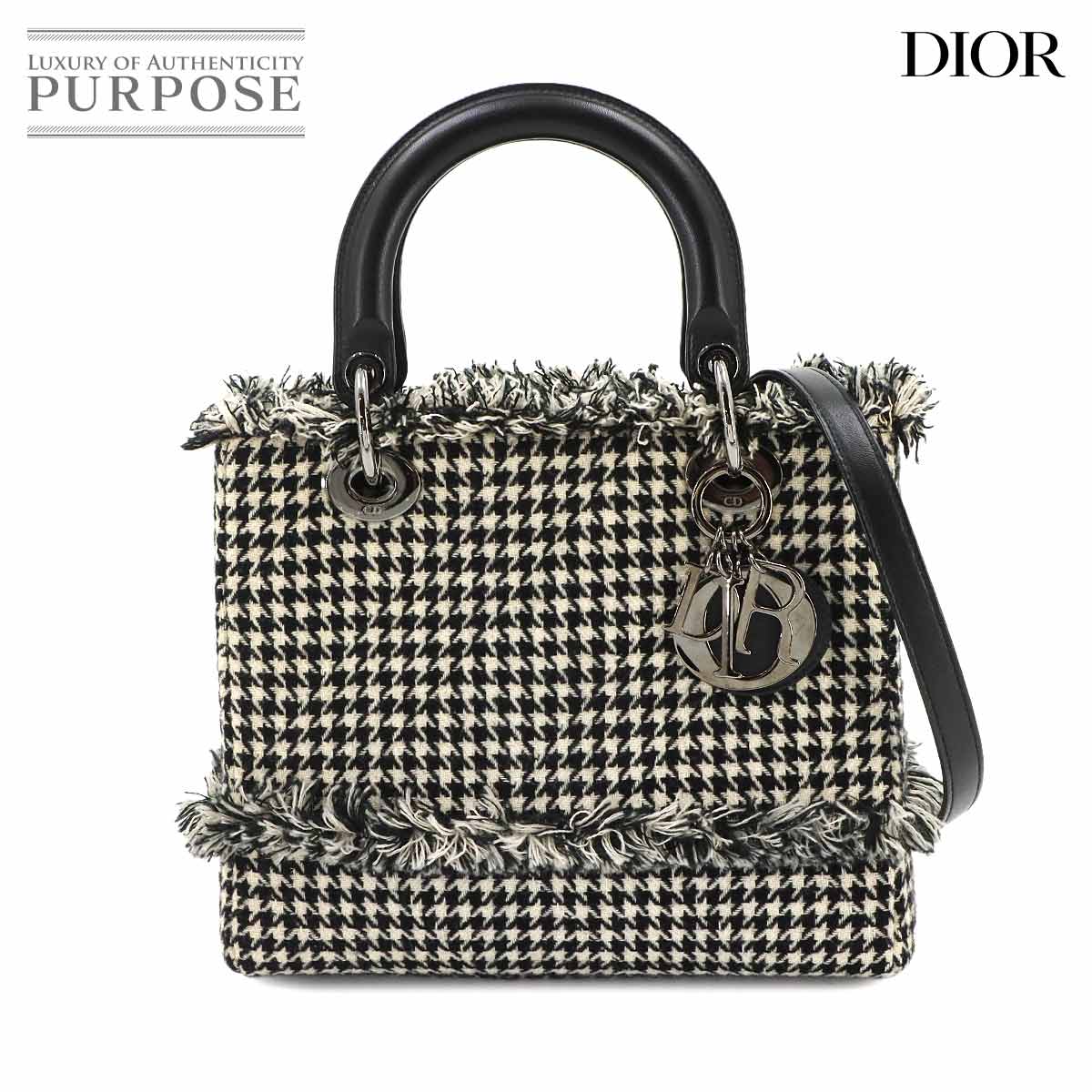 Chiristian Dior レディディオール ミディアム 2way ハンド ショルダー バッグ ツイード レザー ブラック Lady Dior クリスチャン ディオール 90343810