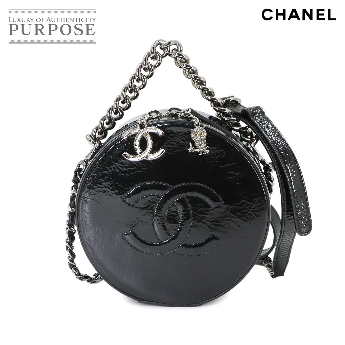 CHANEL ラウンド マトラッセ 2way チェーン ハンド ショルダー バッグ パテントレザー ブラック Matelasse Bag シャネル 90343920