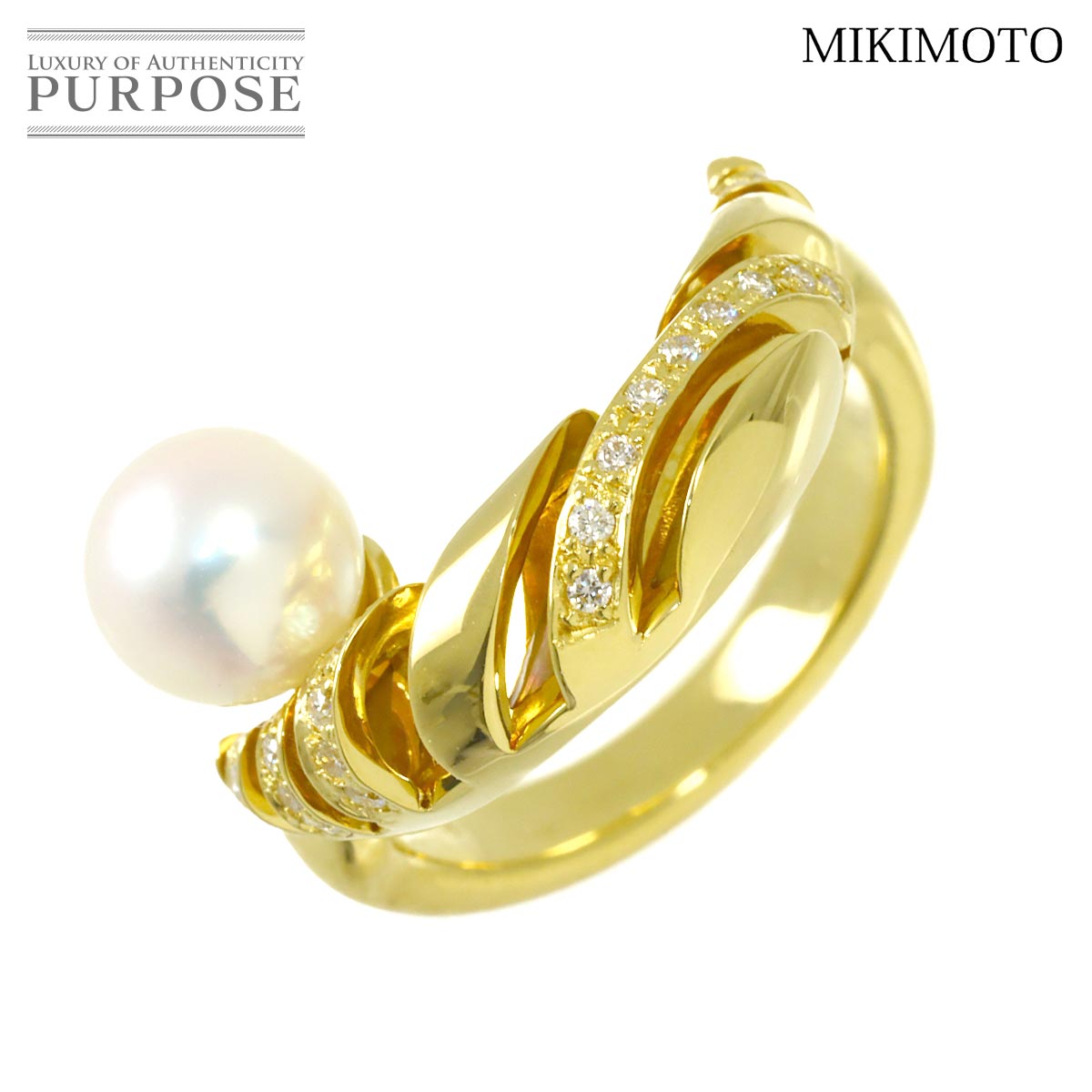 MIKIMOTO 14号 リング アコヤ真珠 7.3mm ダイヤ 0.16ct シェル K18 YG イエローゴールド 750 パール 指輪 Akoya Pearl Ring ミキモト 90338815