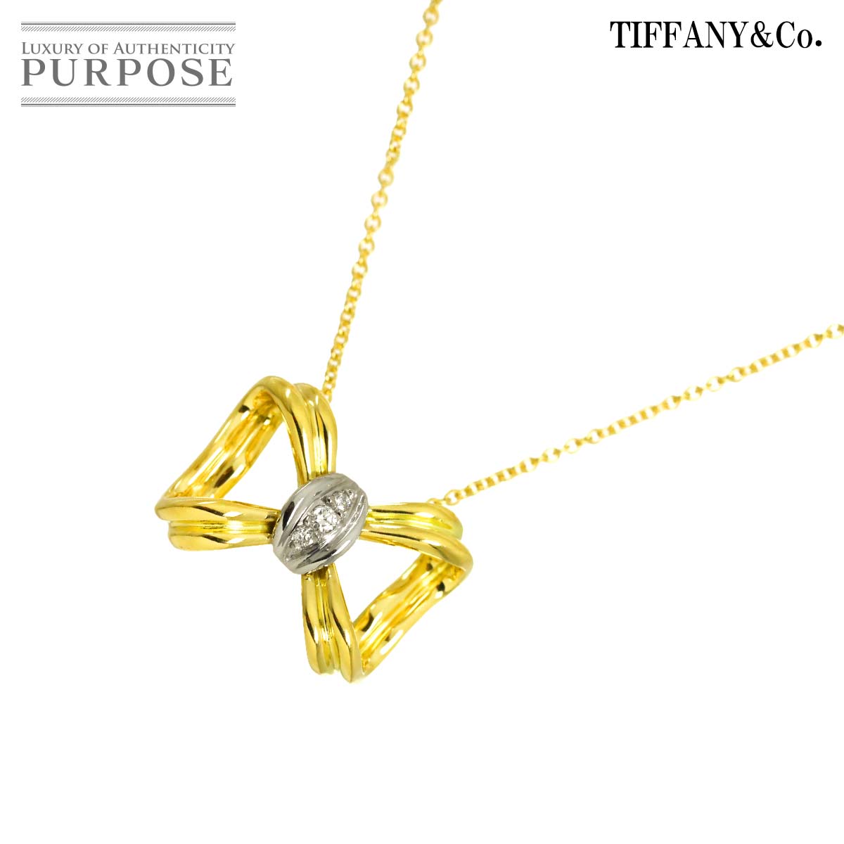 TIFFANY&Co. リボン ダイヤ ネックレス 40cm K18 YG Pt イエローゴールド 750 Diamond Necklace ティファニー 90338848