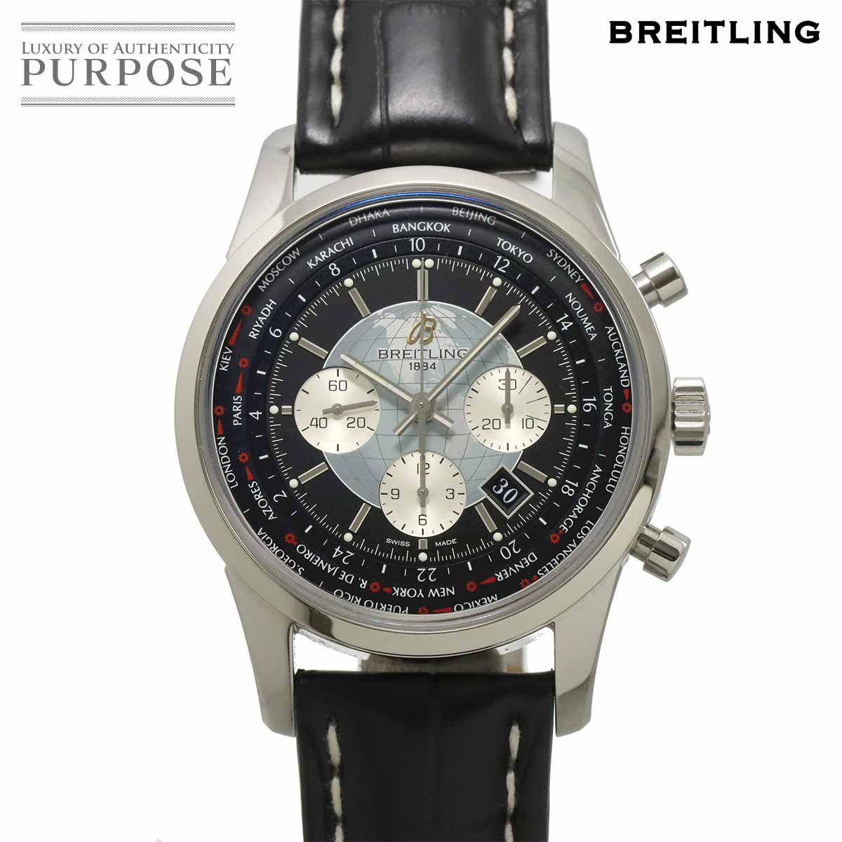 BREITLING トランスオーシャン クロノグラフ ユニタイム AB0510 メンズ 腕時計 デイト ブラック オートマ 自動巻き ウォッチ TRANSOCEAN ブライトリング 90344666