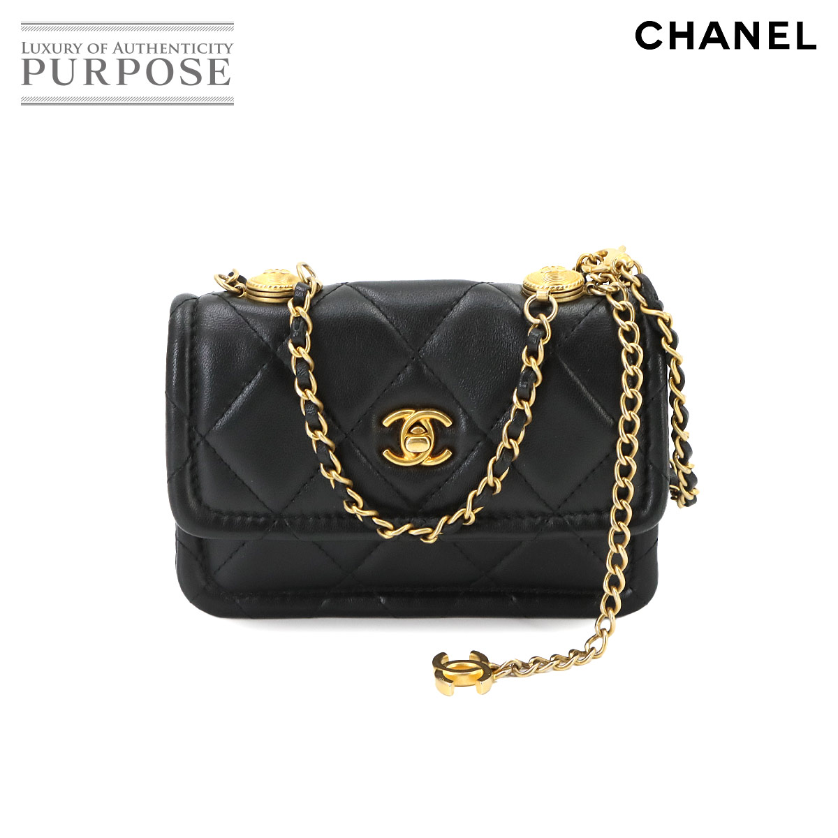 CHANEL ミニ マトラッセ 2way チェーン ハンド ショルダー バッグ ラムスキン ブラック ゴールド 金具 Mini Matelasse Bag シャネル 90341389