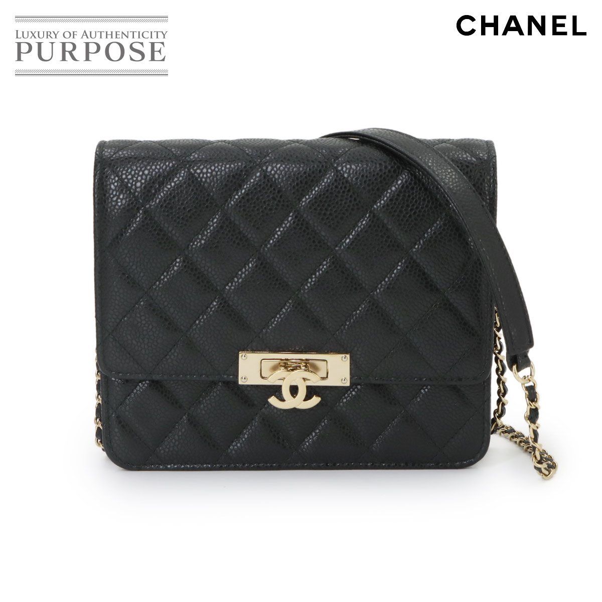 CHANEL ココロック マトラッセ チェーン ウォレット 財布 キャビアスキン ブラック ゴールド 金具 Wallet シャネル 90343678