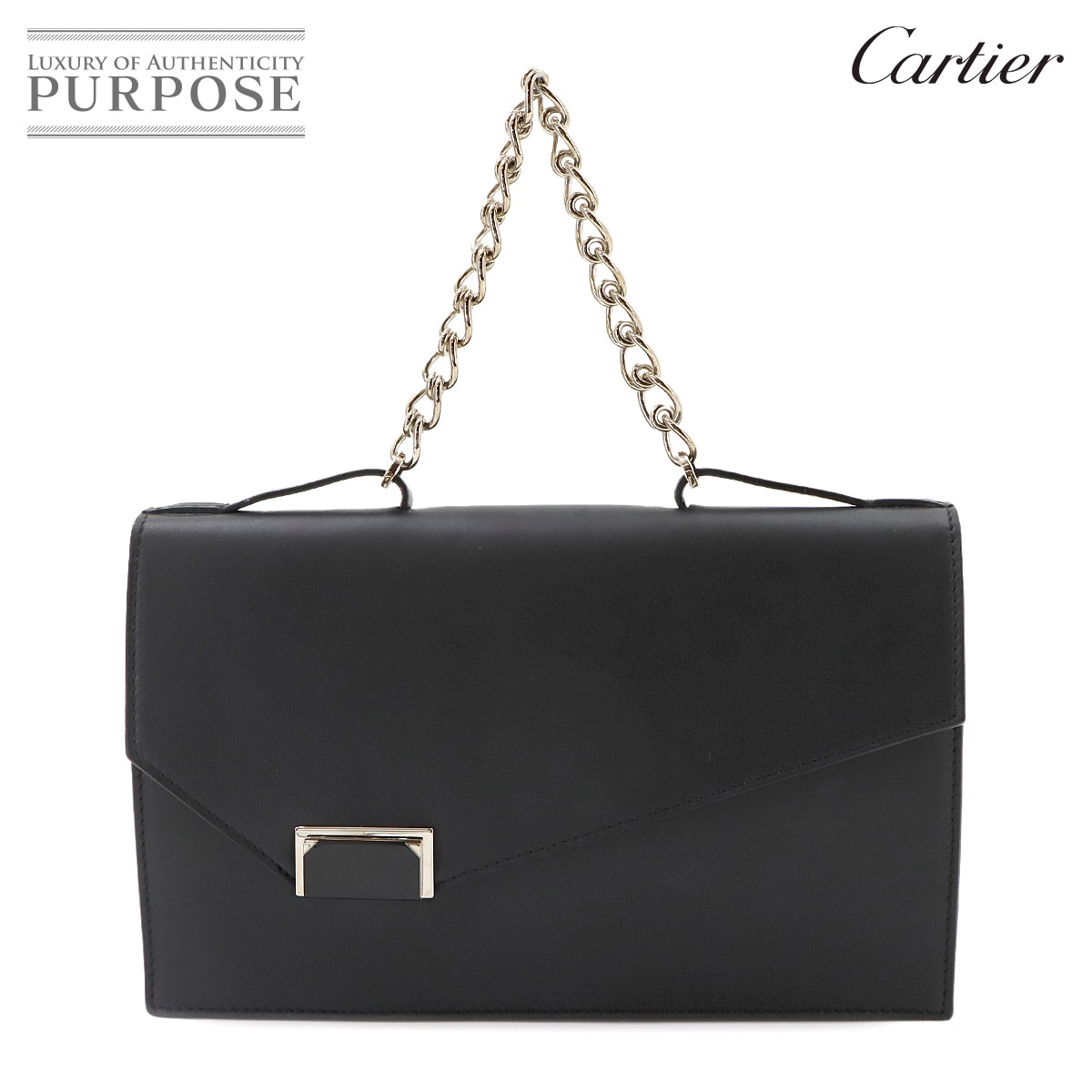 Cartier ジャンヌ トゥーサン チェーン ハンド バッグ レザー ブラック シルバー 金具 Chain Hand Bag カルティエ 90343899