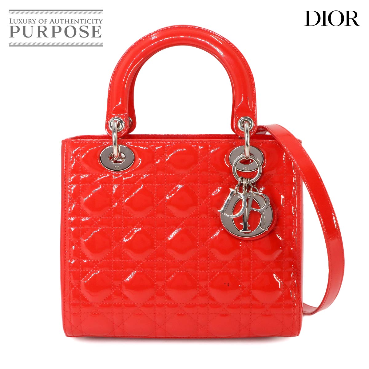 Chiristian Dior カナージュ レディディオール ミディアム 2way ハンド ショルダー バッグ エナメル レッド Lady dior クリスチャン ディオール 90316593