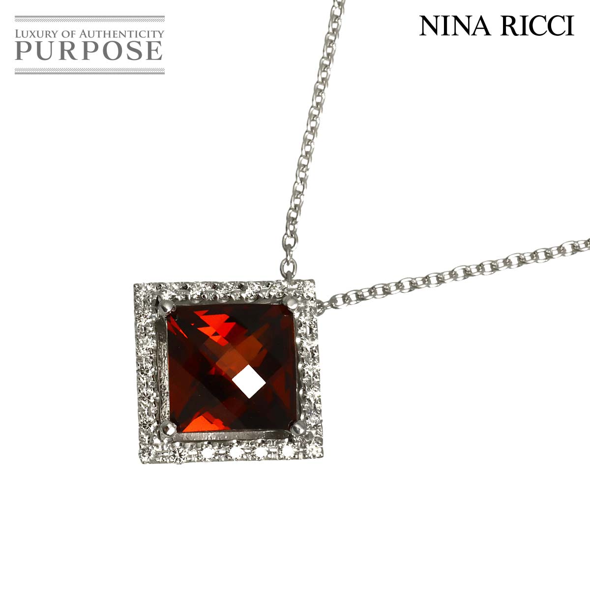 NINA RICCI ガーネット ダイヤ 0.21ct ネックレス 45cm K18 WG ホワイトゴールド 750 Necklace ニナリッチ 90340219
