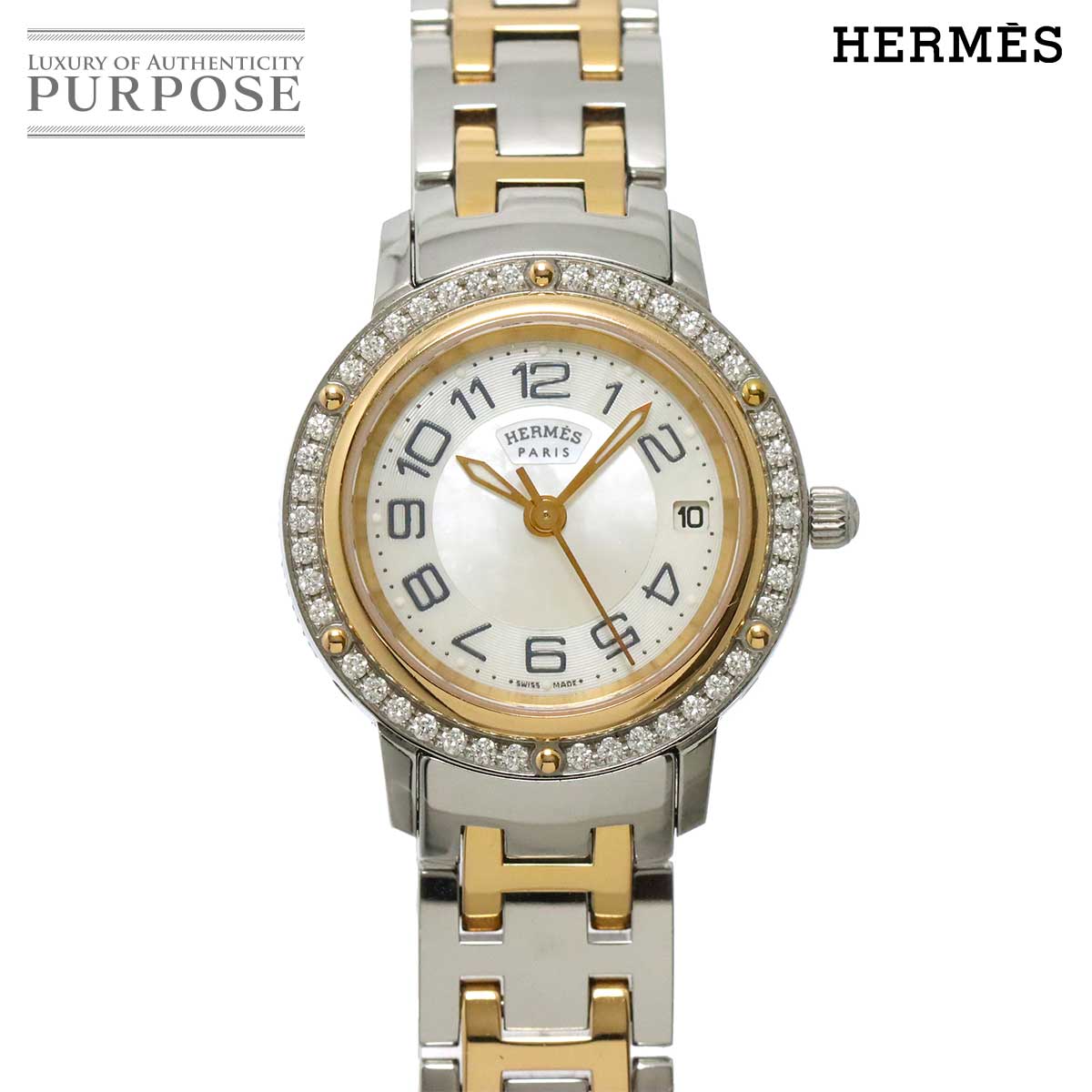 HERMES クリッパー ナクレ コンビ CP1 222 レディース 腕時計 ダイヤベゼル デイト ホワイトシェル クォーツ ウォッチ Clipper エルメス 90346698