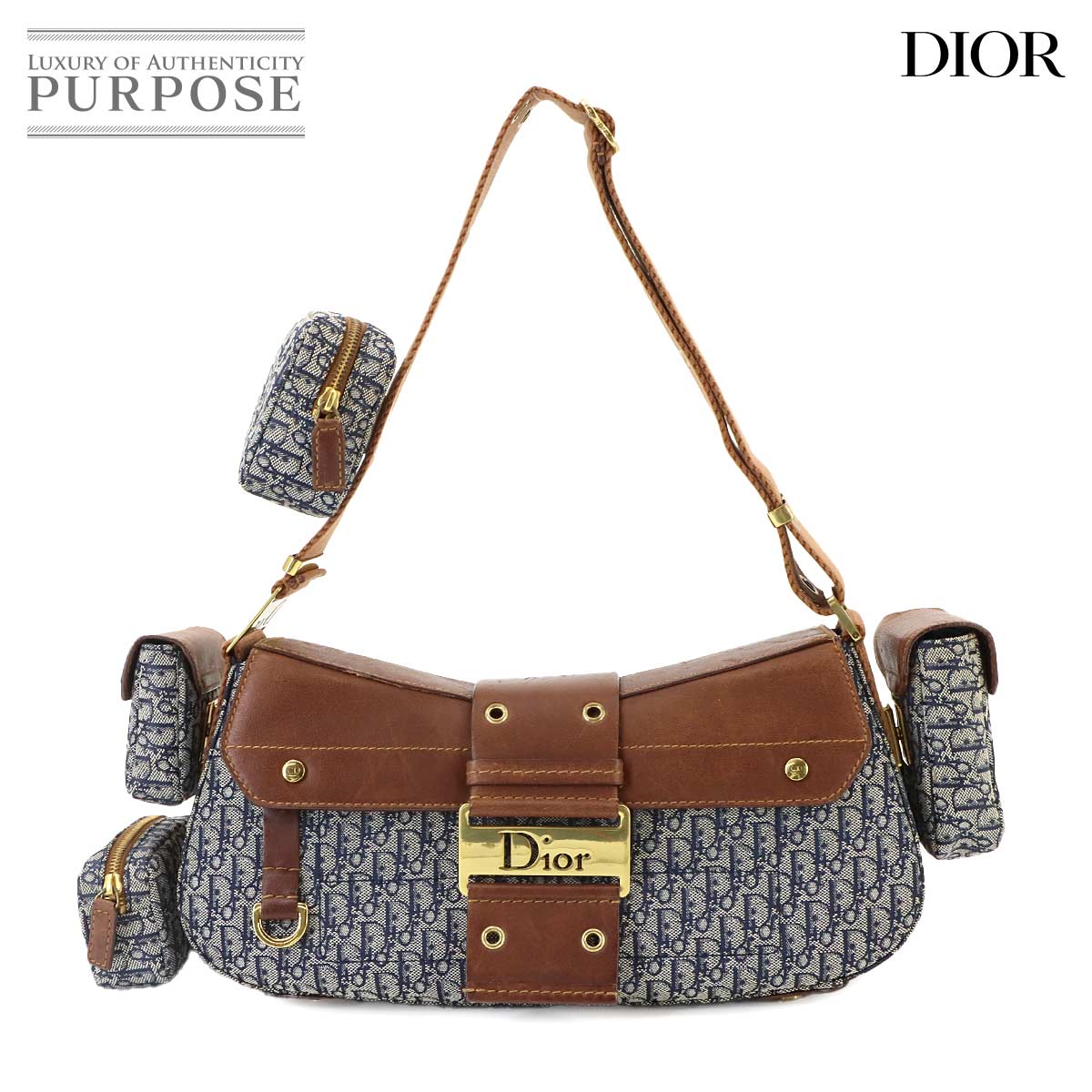 Christian Dior トロッター ストリートシック ワンショルダー バッグ キャンバス レザー ネイビー ブラウン ゴールド 金具 Street Chic Shoulder Bag クリスチャン ディオール 90340006