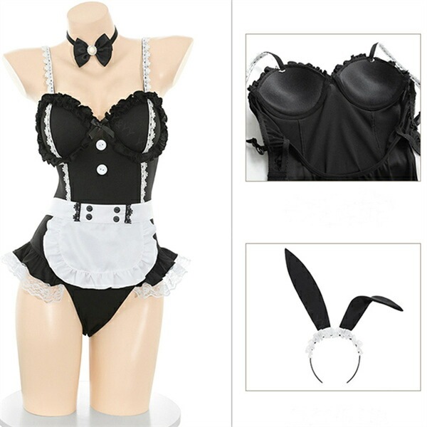 セクシー コスプレ メイド バニーガール バニー うさぎ テディ セクシー ハイレグ コスチューム 上下一体型 セクシーランジェリー エプロン フリル 過激 ランジェリー 下着 可愛い 上品 エロ エロ下着 大人 黒 ウサギ ウェイトレス チョーカー