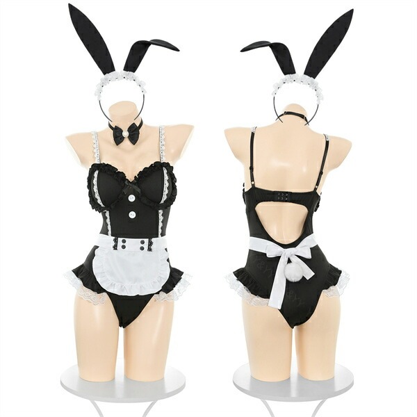 セクシー コスプレ メイド バニーガール バニー うさぎ テディ セクシー ハイレグ コスチューム 上下一体型 セクシーランジェリー エプロン フリル 過激 ランジェリー 下着 可愛い 上品 エロ エロ下着 大人 黒 ウサギ ウェイトレス チョーカー