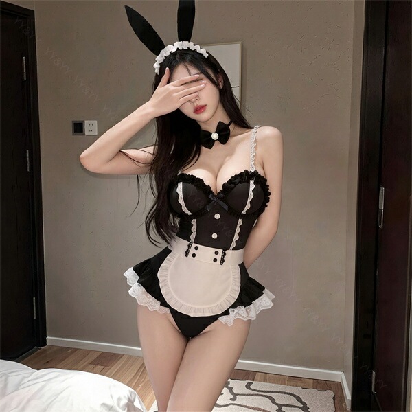 セクシー コスプレ メイド バニーガール バニー うさぎ テディ セクシー ハイレグ コスチューム 上下一体型 セクシーランジェリー エプロン フリル 過激 ランジェリー 下着 可愛い 上品 エロ エロ下着 大人 黒 ウサギ ウェイトレス チョーカー