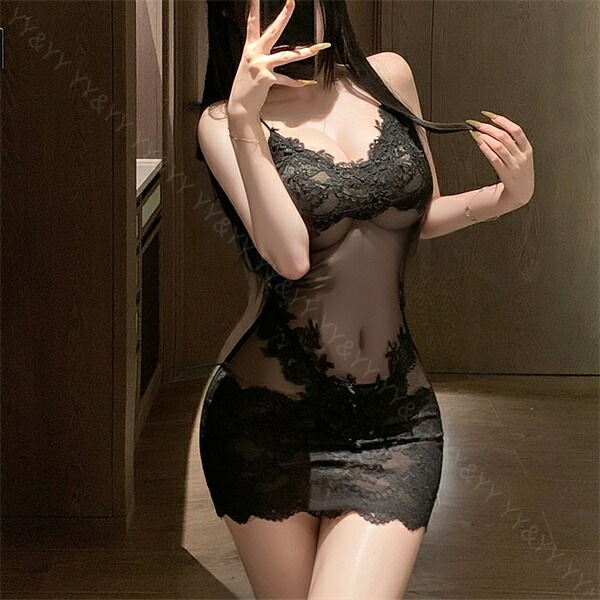 セクシーランジェリー ベビードール ワンピース ブラック レース ボディコン ミニスカート ミニスカ 黒 伸縮性 下着 レディース ランジェリー 部屋着  細見え Vネック  寝巻 ルームウェア ナイトドレス  シアー[w1466]