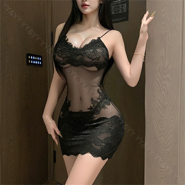 セクシーランジェリー ベビードール ワンピース ブラック レース ボディコン ミニスカート ミニスカ 黒 伸縮性 下着 レディース ランジェリー 部屋着  細見え Vネック  寝巻 ルームウェア ナイトドレス  シアー[w1466]