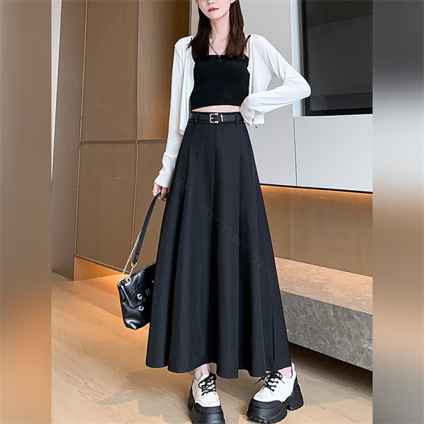 プリーツスカート ロングスカート ベルト付き スカート ファスナー ハイウエストスカート  レディース デート服  大人可愛い シンプル 可愛いデイリー 春 夏 秋 大人 フリーサイズ 長め丈 ロング M L XL 大きいサイズ 体形カバー[fs15]