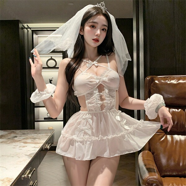 セクシーランジェリー 超過激 ベビードール  コスプレ フリルワンピース 花嫁 姫ドレス ベール 透け素材 上品  ミニ丈 透け透け レース バックオープン ブラック メイド風  フリル ミニスカート ひざ丈 下着 フリーサイズ コスチューム[w1365]