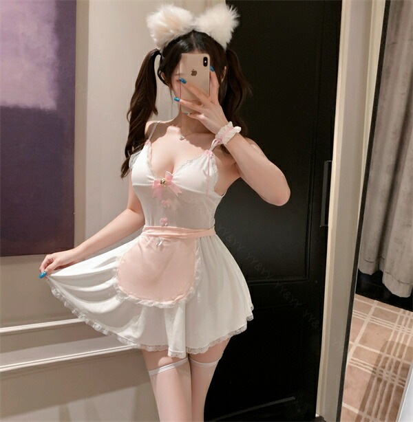 セクシーランジェリー 超過激 メイド メイドコスプレ レディース ベビードール 大人 ウェイトレス 白 ピンク コスチューム 清楚 コスプレ 可愛い 大人向け コスプレセット Tバック ショーツ フレア エプロン レース ミニ丈  プレゼント