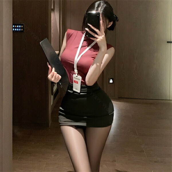 コスプレ セクシーランジェリー コスチューム OL 秘書 教師 制服 コスプレ ノースリーブ ハイネック ネイビー 紺色 ミニスカート タイトスカート 名札 ショーツ 下着 上下セット レディース ランジェリー 部屋着[w1463]