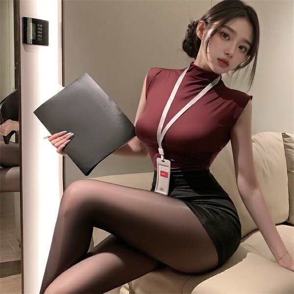 コスプレ セクシーランジェリー コスチューム OL 秘書 教師 制服 コスプレ ノースリーブ ハイネック ネイビー 紺色 ミニスカート タイトスカート 名札 ショーツ 下着 上下セット レディース ランジェリー 部屋着[w1463]
