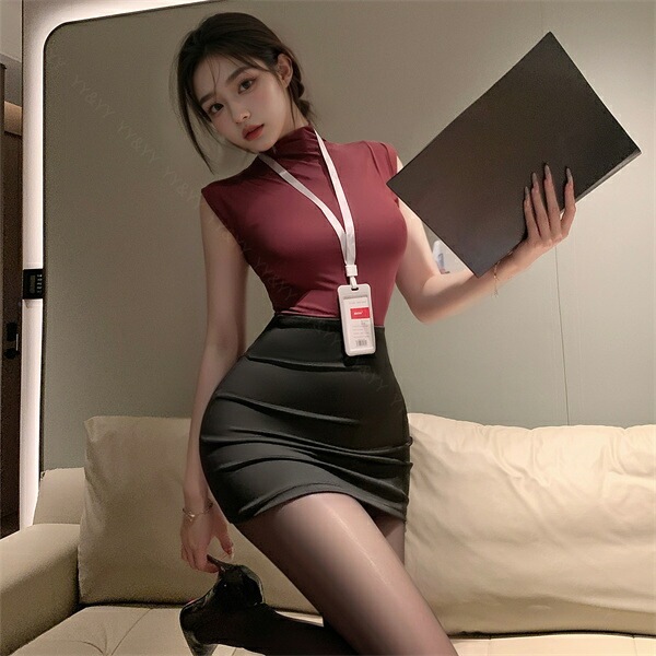 コスプレ セクシーランジェリー コスチューム OL 秘書 教師 制服 コスプレ ノースリーブ ハイネック ネイビー 紺色 ミニスカート タイトスカート 名札 ショーツ 下着 上下セット レディース ランジェリー 部屋着[w1463]