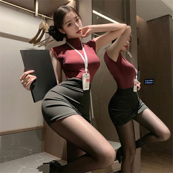 コスプレ セクシーランジェリー コスチューム OL 秘書 教師 制服 コスプレ ノースリーブ ハイネック ネイビー 紺色 ミニスカート タイトスカート 名札 ショーツ 下着 上下セット レディース ランジェリー 部屋着[w1463]