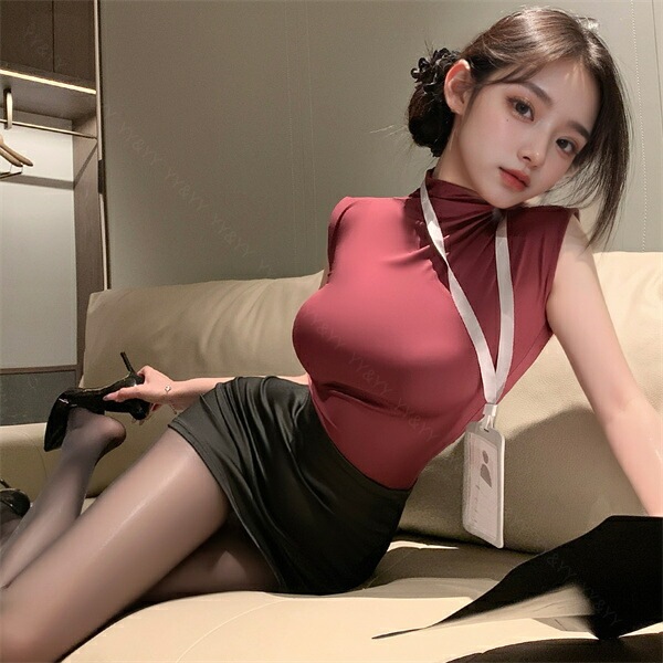 コスプレ セクシーランジェリー コスチューム OL 秘書 教師 制服 コスプレ ノースリーブ ハイネック ネイビー 紺色 ミニスカート タイトスカート 名札 ショーツ 下着 上下セット レディース ランジェリー 部屋着[w1463]